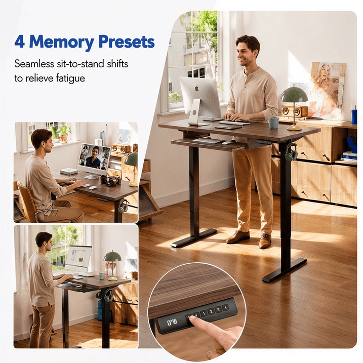 Kyspho 48" x 24" Electric Standing Desk with Keyboard Tray Adjustable Sit Stand up Desk with Headphone Hook & 4 Height Memory Pre-Set Walnut