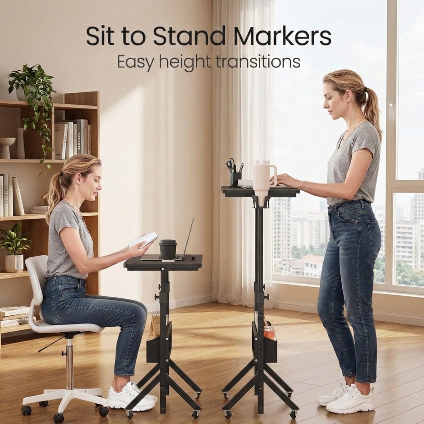 Kyspho Mobile Standing Desk with Wheels & Storage, Adjustable Height Rolling Laptop Cart with Cup Holder, Fits Treadmills, Black, 31.5" x 15.75"