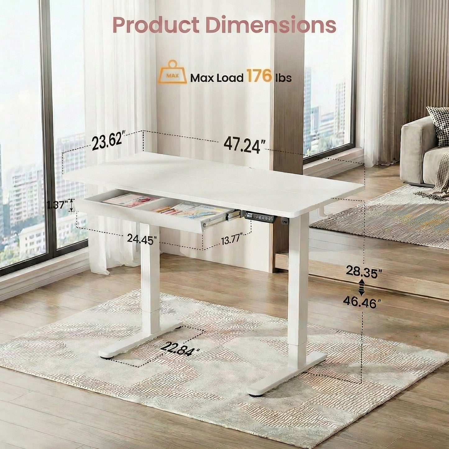 Kyspho Electric Standing Desk with Built-in Drawer, 48" x 24" Adjustable Height Computer Desk, 4 Memory Presets for Home Office, White