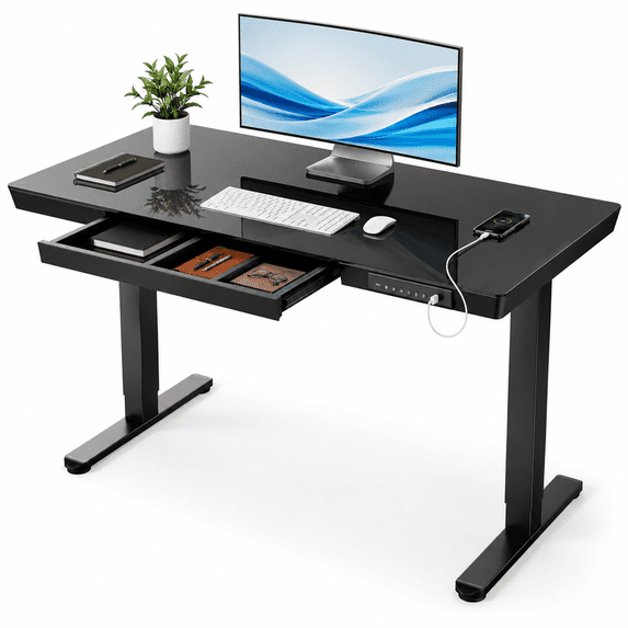 Glass Standing Desk with Drawer, 55 x 28 Inch Electric Standing Desk, Sit Stand Desk with One-Piece Tabletop and USB Charging Ports, Height Adjustable Desk with Storage for Home and Office, Black
