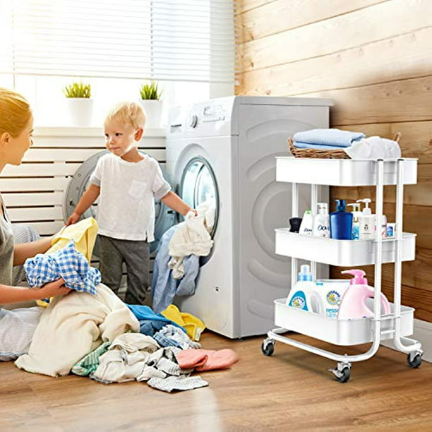Metal Rolling Utility Cart 3-Tier, Heavy Duty Storage Cart with 2 Lockable Wheels, Multifunctional Mesh Organization Cart for Kitchen Dining Room Living Room (White) - Walmart.com