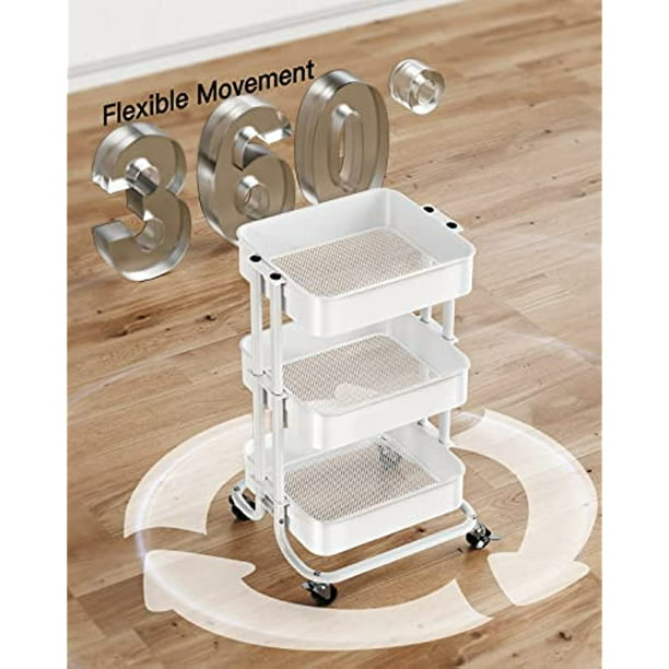 Metal Rolling Utility Cart 3-Tier, Heavy Duty Storage Cart with 2 Lockable Wheels, Multifunctional Mesh Organization Cart for Kitchen Dining Room Living Room (White) - Walmart.com