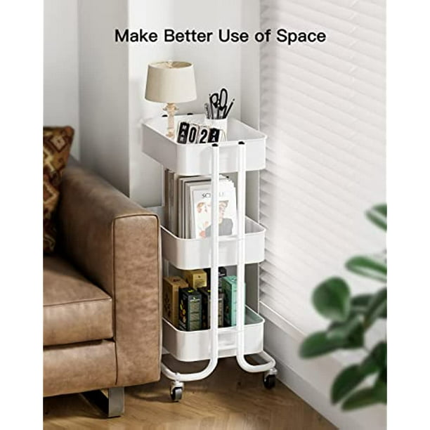 Metal Rolling Utility Cart 3-Tier, Heavy Duty Storage Cart with 2 Lockable Wheels, Multifunctional Mesh Organization Cart for Kitchen Dining Room Living Room (White) - Walmart.com