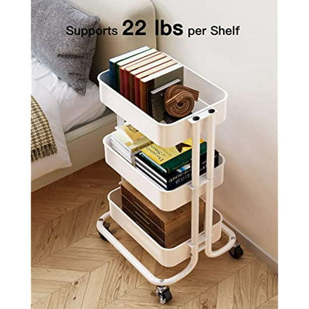 Metal Rolling Utility Cart 3-Tier, Heavy Duty Storage Cart with 2 Lockable Wheels, Multifunctional Mesh Organization Cart for Kitchen Dining Room Living Room (White) - Walmart.com
