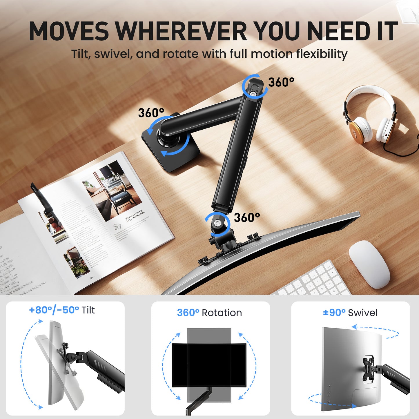 Kyspho Single Monitor Arm for 13 to 34 Inch Screens, Holds 19.8 lbs, Monitor Stand with C-Clamp Tool-Free Mount, Cable Management, Adjustability for Swivel, Tilt, and Rotation, Max 100x100mm