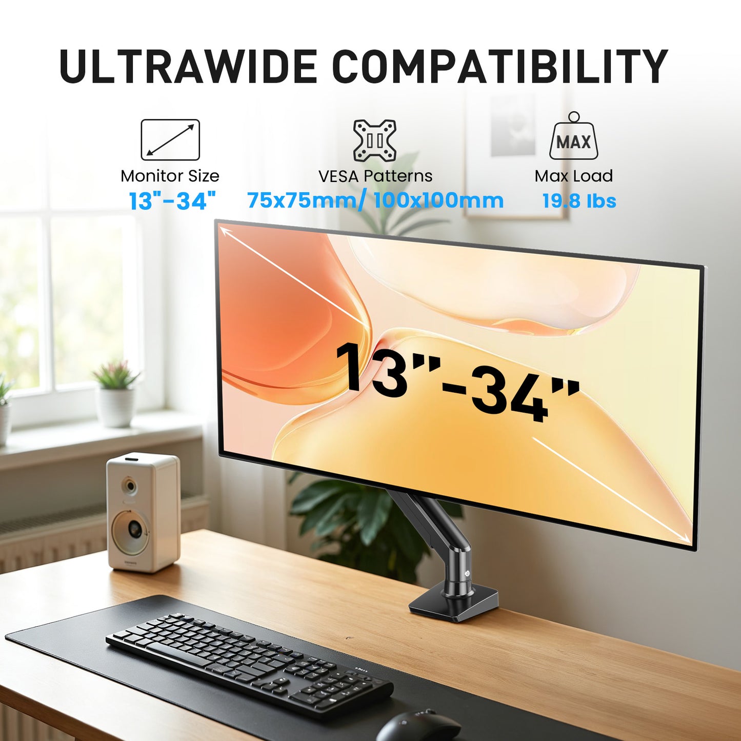 Kyspho Single Monitor Arm for 13 to 34 Inch Screens, Holds 19.8 lbs, Monitor Stand with C-Clamp Tool-Free Mount, Cable Management, Adjustability for Swivel, Tilt, and Rotation, Max 100x100mm