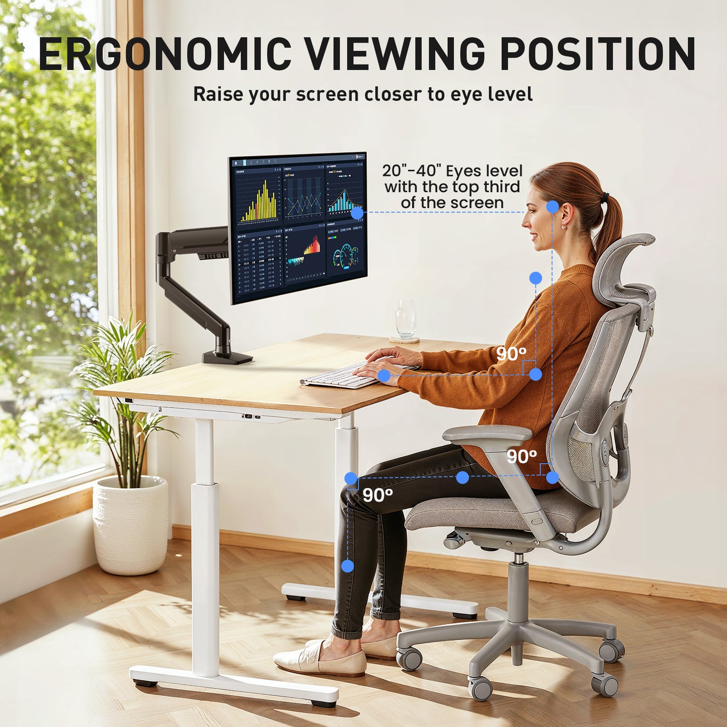 Kyspho Single Monitor Arm for 13 to 34 Inch Screens, Holds 19.8 lbs, Monitor Stand with C-Clamp Tool-Free Mount, Cable Management, Adjustability for Swivel, Tilt, and Rotation, Max 100x100mm