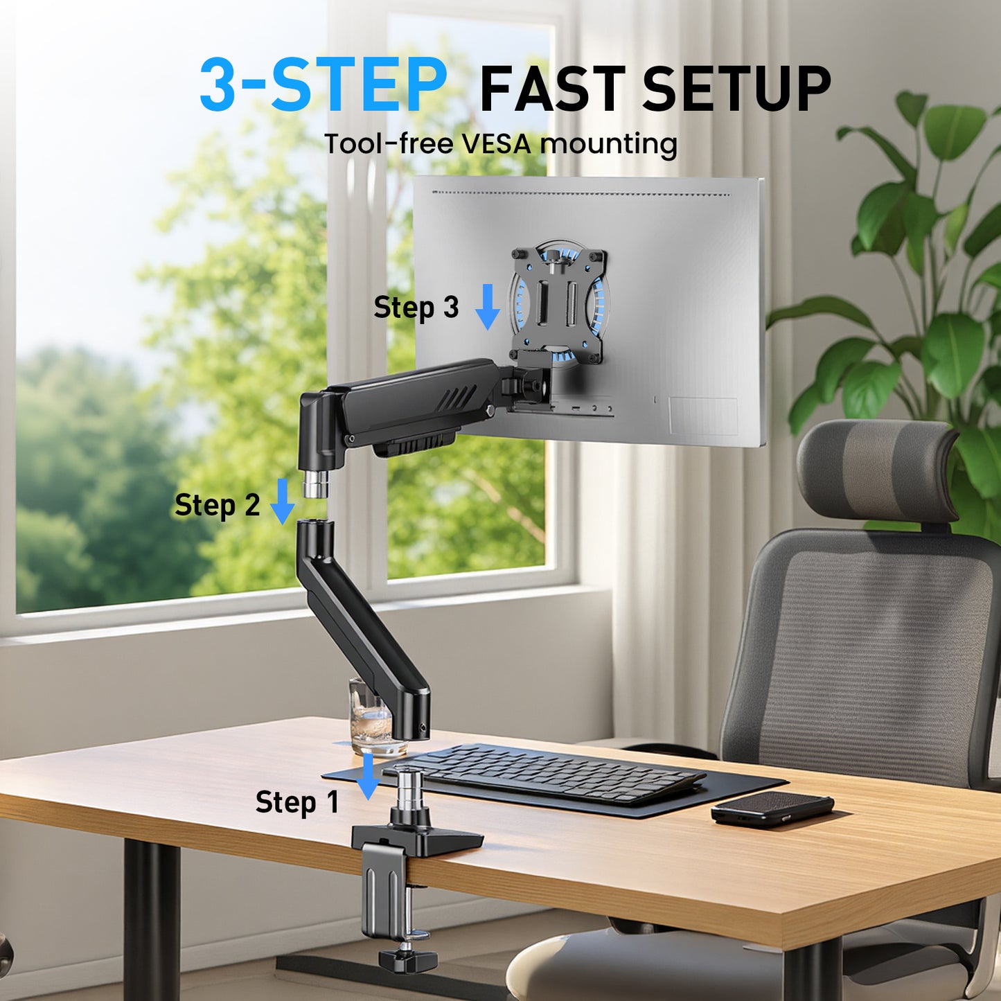Kyspho Single Monitor Arm for 13 to 34 Inch Screens, Holds 19.8 lbs, Monitor Stand with C-Clamp Tool-Free Mount, Cable Management, Adjustability for Swivel, Tilt, and Rotation, Max 100x100mm