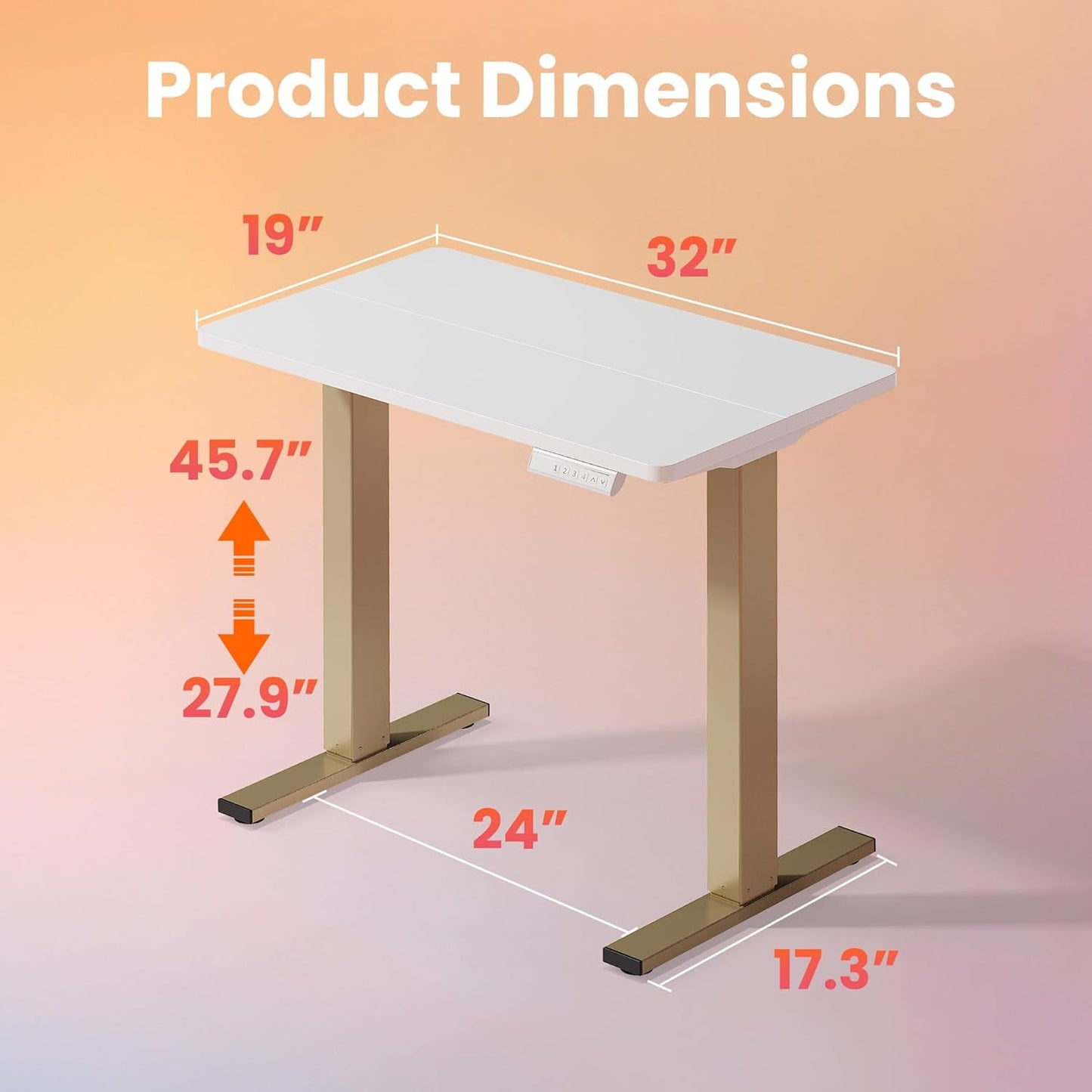 Kyspho Electric Standing Desk with 4 Memory Height Settings, 32" Small Height Adjustbale Desk, Sit Stand Up Desk for Home Office, White + Gold