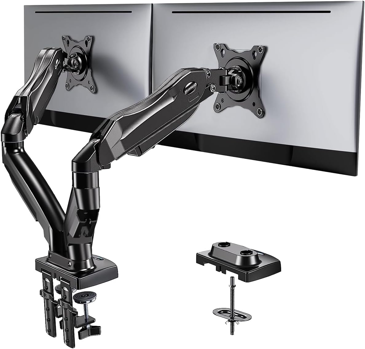 Dual Monitor Mount Desk Stand for 13 to 27 inch Screens Height Adjustable with C Clamp Grommet Mounting Base