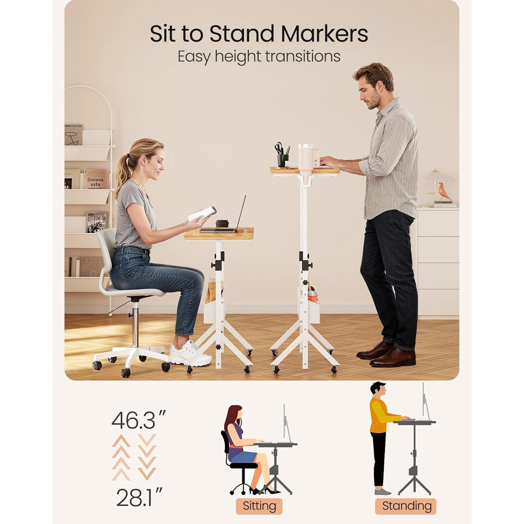 Kyspho Mobile Standing Desk with Wheels, Adjustable Height 28.3″ to 46.3″, Rolling Laptop Cart with Cup Holder, Storage Basket, Computer & Pen Slot, Home Office Stand Up Desk, Light Vintage Brown