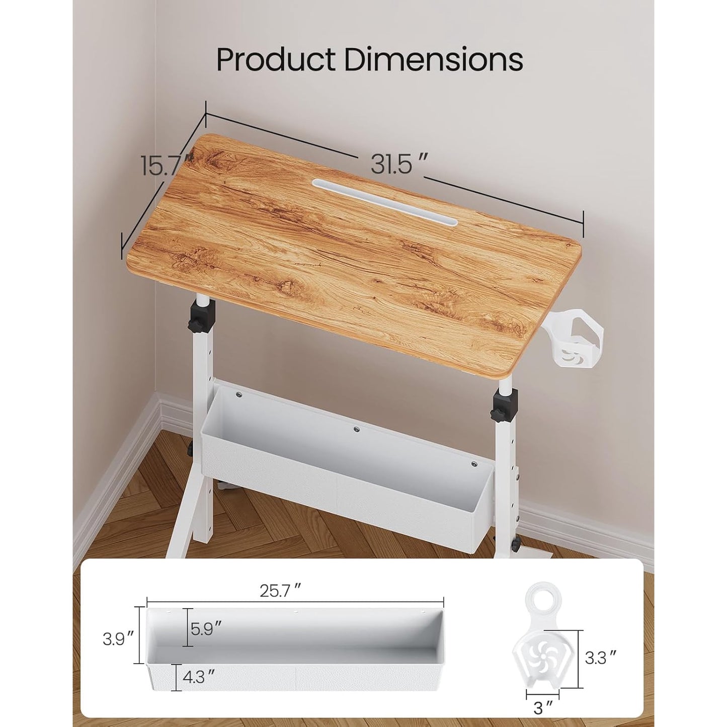 Kyspho Mobile Standing Desk with Wheels, Adjustable Height 28.3″ to 46.3″, Rolling Laptop Cart with Cup Holder, Storage Basket, Computer & Pen Slot, Home Office Stand Up Desk, Light Vintage Brown