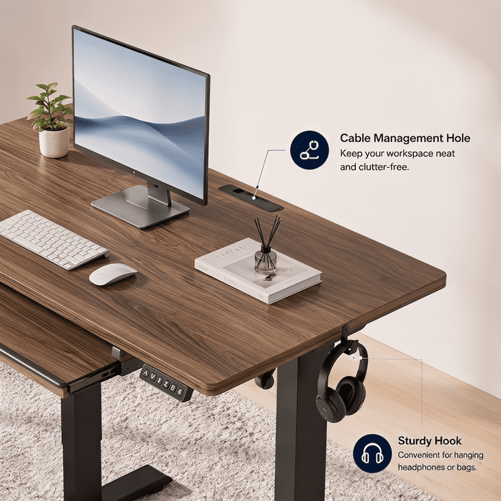 Kyspho 48" x 24" Electric Standing Desk with Keyboard Tray Adjustable Sit Stand up Desk with Headphone Hook & 4 Height Memory Pre-Set Walnut