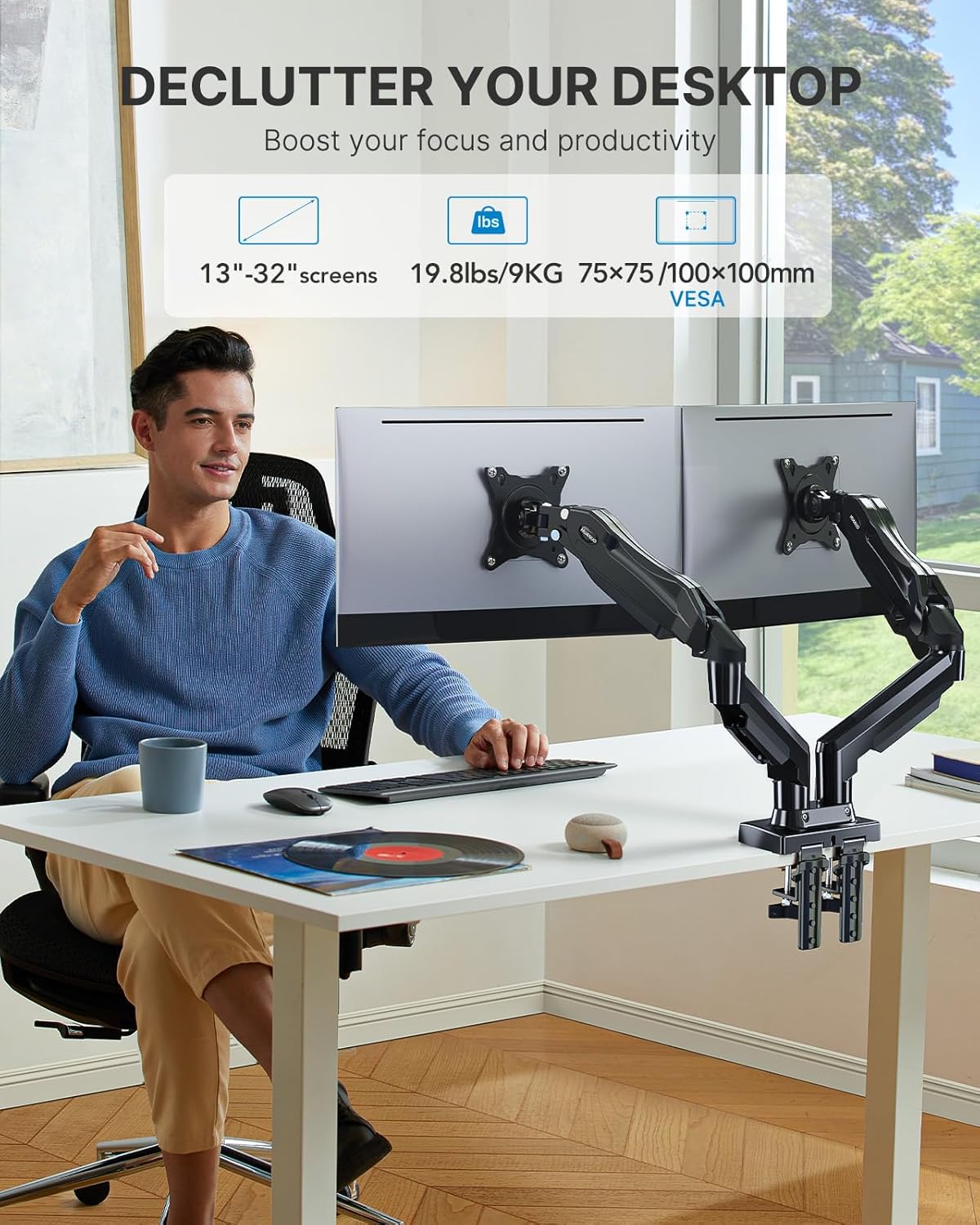 Dual Monitor Mount Desk Stand for 13 to 27 inch Screens Height Adjustable with C Clamp Grommet Mounting Base