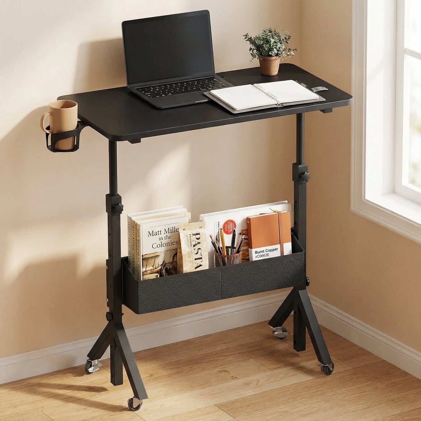 Kyspho Mobile Standing Desk with Wheels & Storage, Adjustable Height Rolling Laptop Cart with Cup Holder, Fits Treadmills, Black, 31.5" x 15.75"