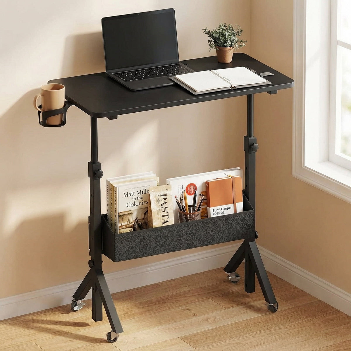 Kyspho Mobile Standing Desk with Wheels & Storage, Adjustable Height Rolling Laptop Cart with Cup Holder, Fits Treadmills, Black, 31.5" x 15.75"