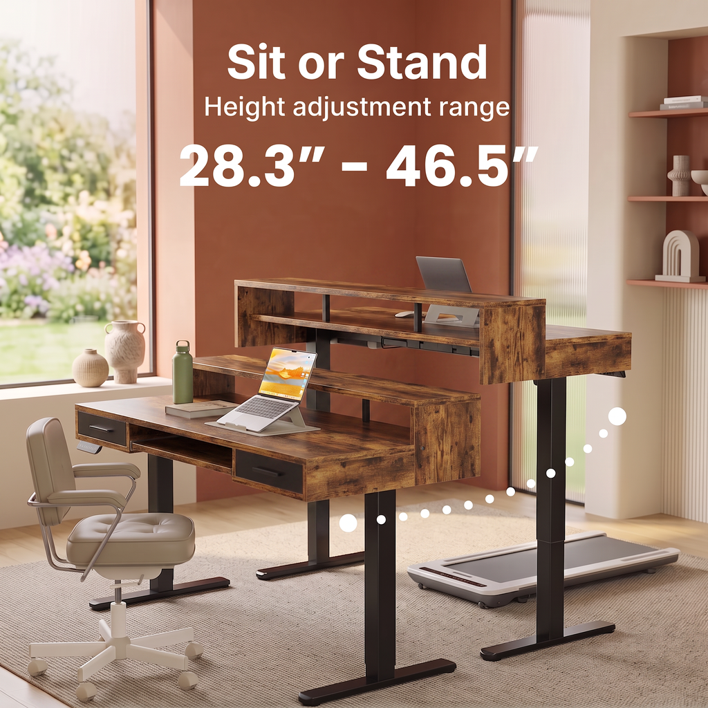55" X 26" Electric Standing Desk with 2 Drawers & Large Keyboard Tray, Adjustable Sit Stand Computer Desk with 4 4 Memory Presets, C-Clamp Compatible Home Office Desk, Walnut