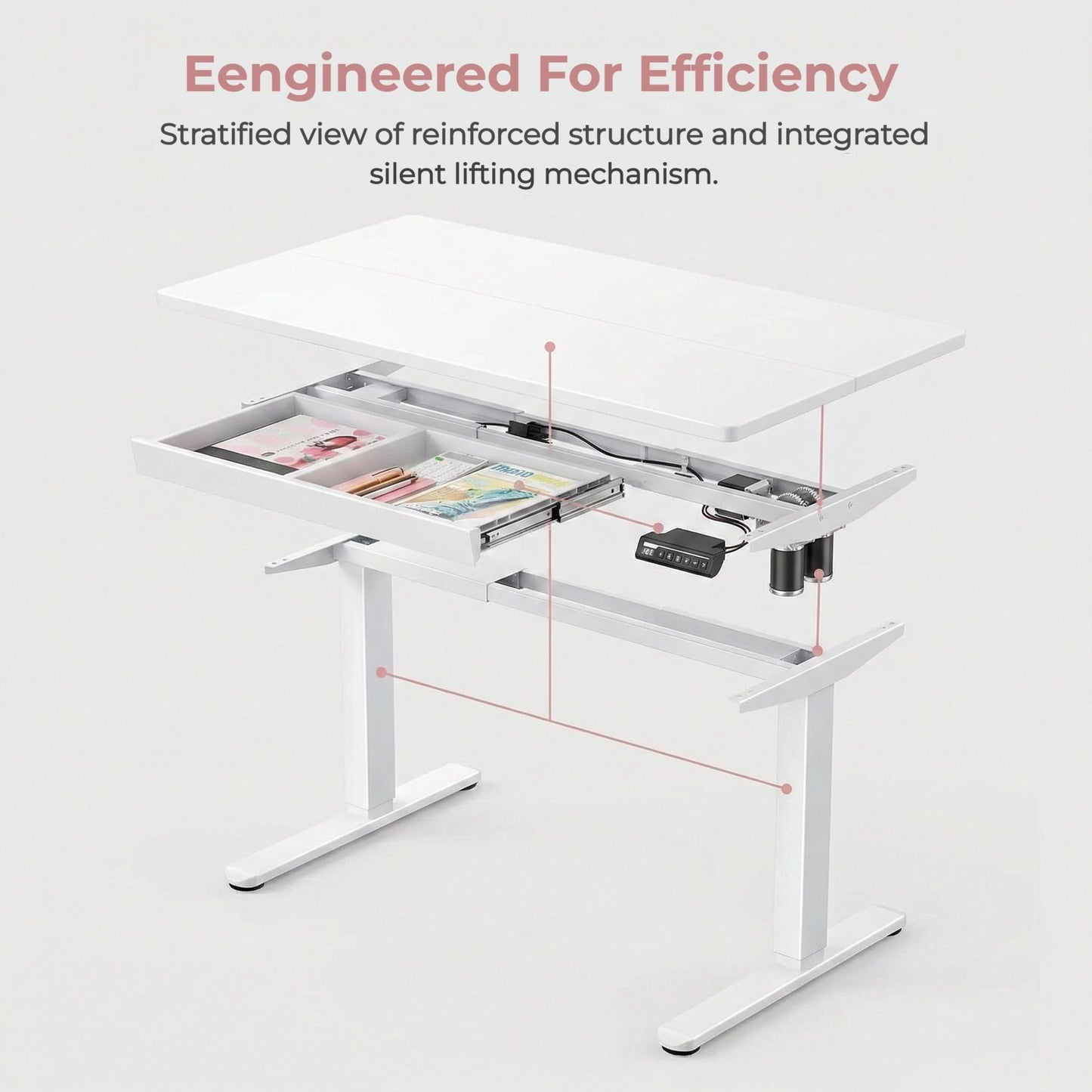 Kyspho Electric Standing Desk with Built-in Drawer, 48" x 24" Adjustable Height Computer Desk, 4 Memory Presets for Home Office, White