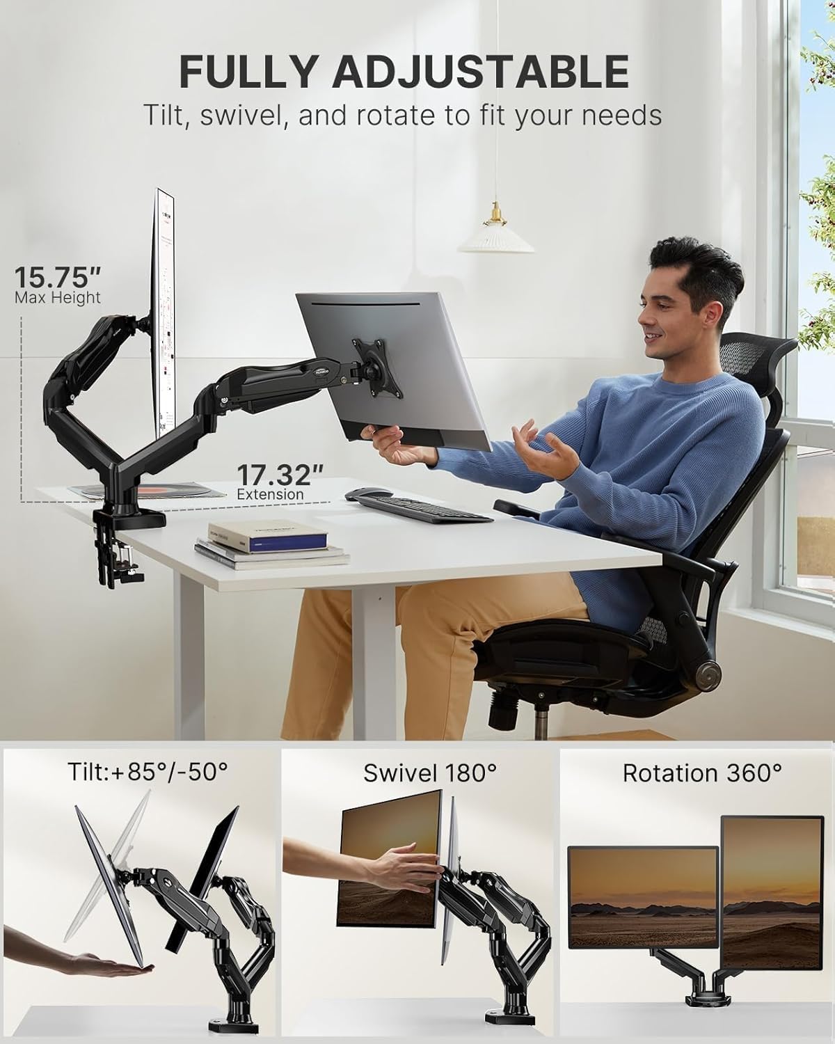 Dual Monitor Mount Desk Stand for 13 to 27 inch Screens Height Adjustable with C Clamp Grommet Mounting Base