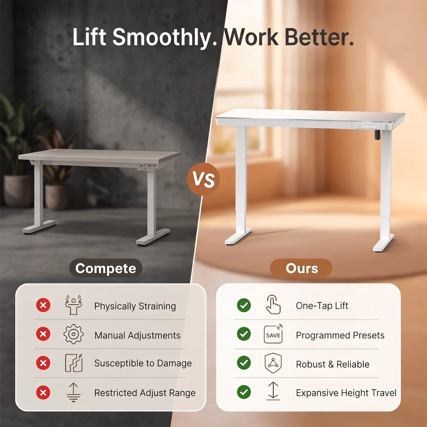 Kyspho Glass Top Electric Standing Desk with USB Charging Ports, 40" x 24" Height Adjustable One-Piece Desk, Sit Stand Computer Desk with Seamless Desktop for Home Office