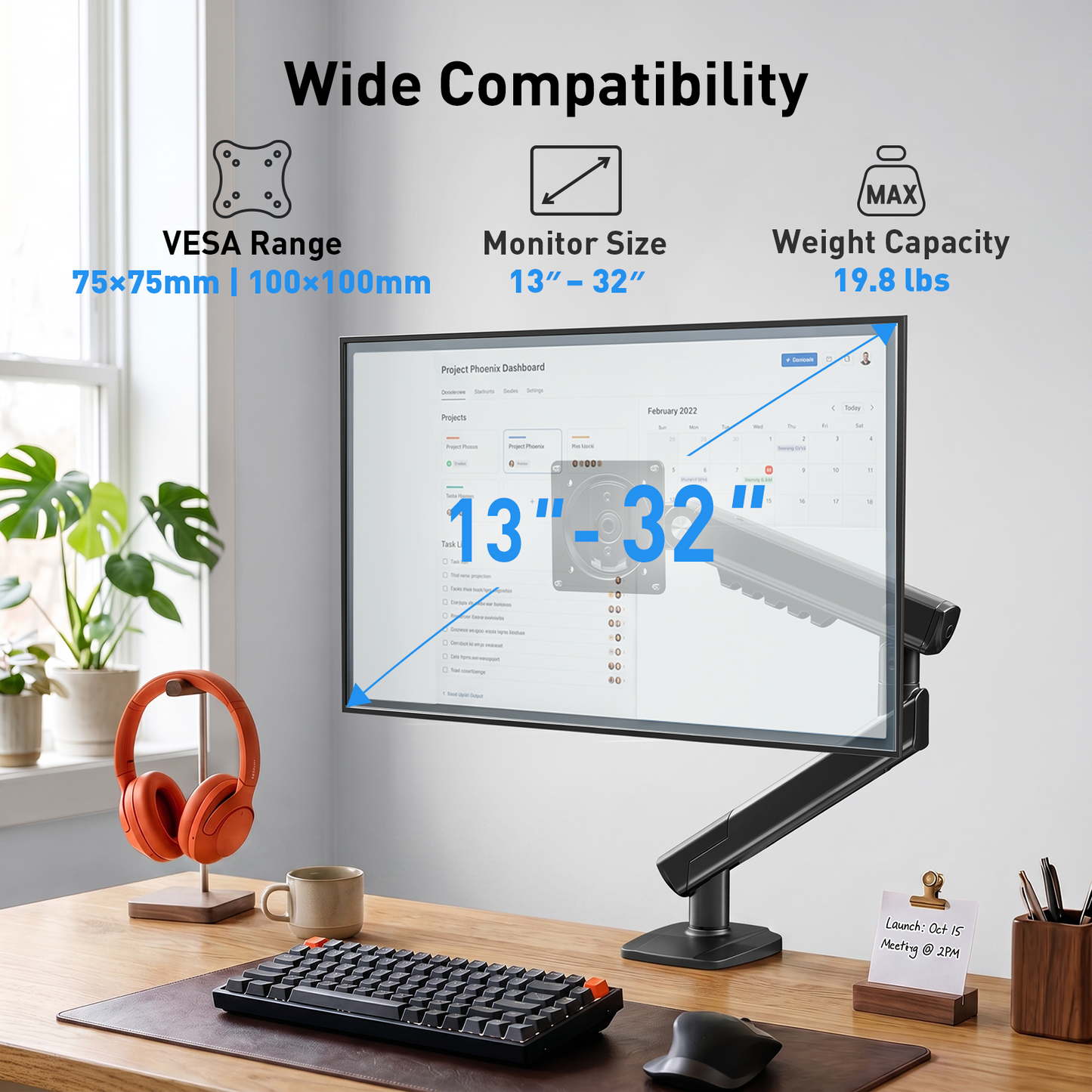 Kyspho Single Monitor Arm for 13-32 Inch Screens,Holds 19.8 lbs, Monitor Stand with Tension Spring,Full Motion Visual Adjustment Monitor Mount,C-Clamp & Grommet Hole,Max 100x100mm