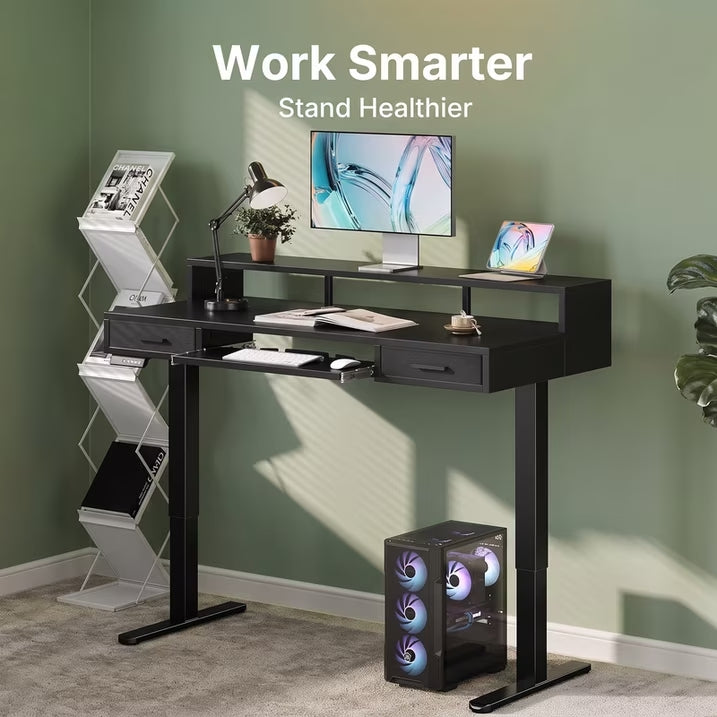 55" X 26" Electric Standing Desk with 2 Drawers & Large Keyboard Tray, Adjustable Sit Stand Computer Desk with 4 4 Memory Presets, C-Clamp Compatible Home Office Desk, Black
