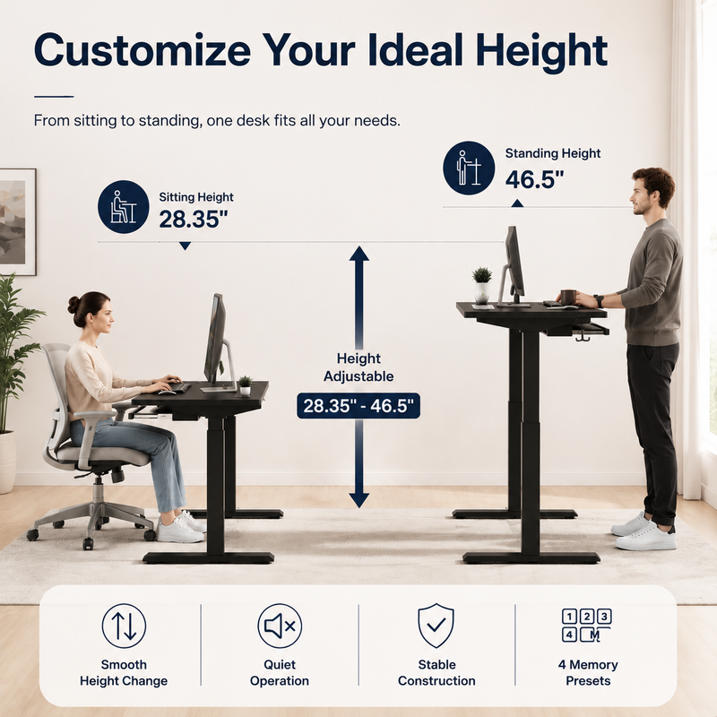 Kyspho 48" x 24" Electric Standing Desk with Keyboard Tray Adjustable Sit Stand up Desk with Headphone Hook & 4 Height Memory Pre-Set Black