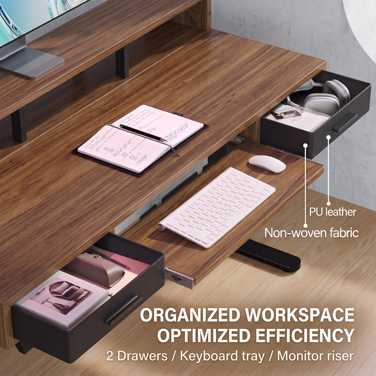 55" X 26" Electric Standing Desk with 2 Drawers & Large Keyboard Tray, Adjustable Sit Stand Computer Desk with 4 4 Memory Presets, C-Clamp Compatible Home Office Desk, Walnut