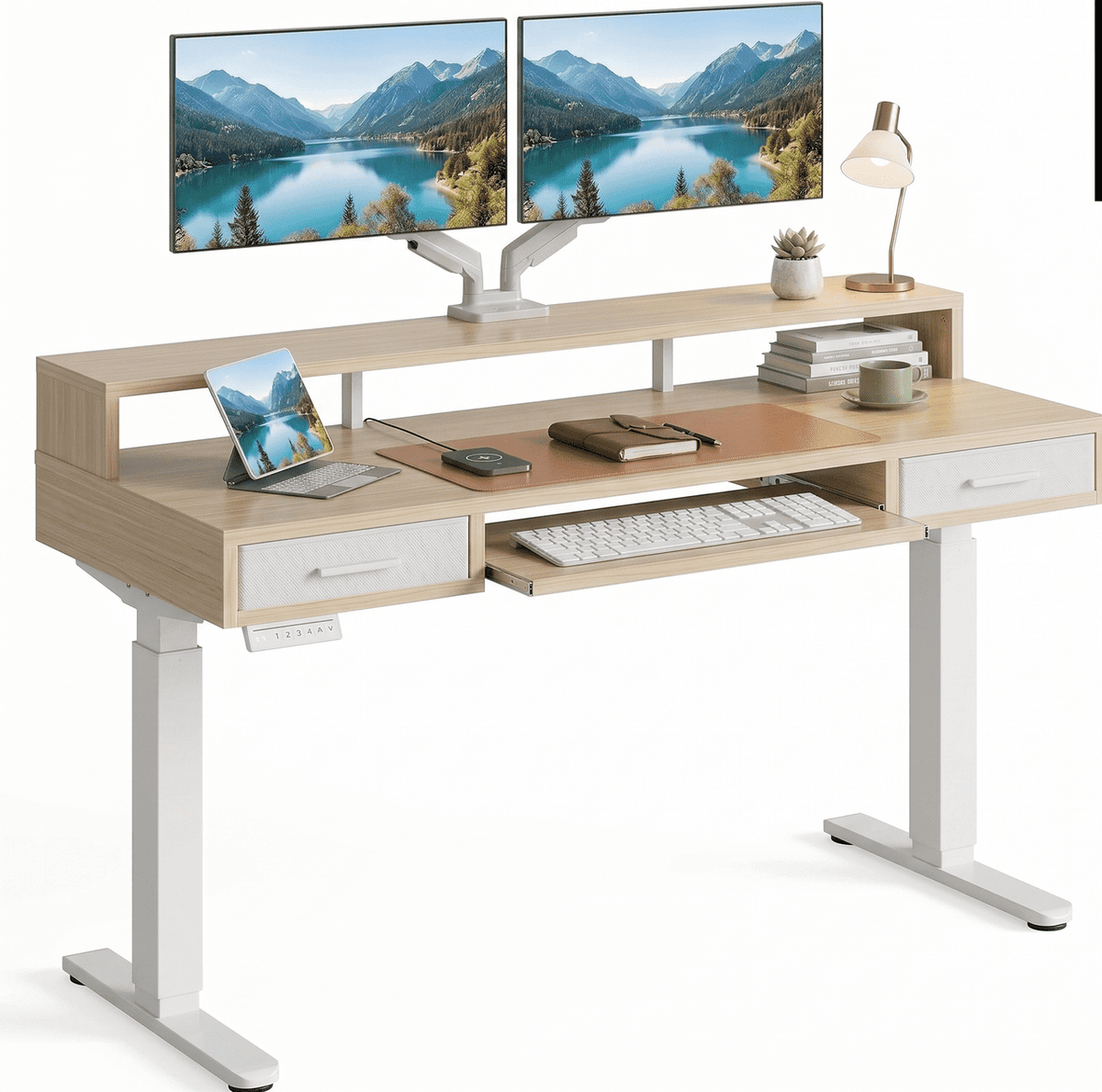 55" X 26" Electric Standing Desk with 2 Drawers & Large Keyboard Tray, Adjustable Sit Stand Computer Desk with 4 4 Memory Presets, C-Clamp Compatible Home Office Desk, Natrual