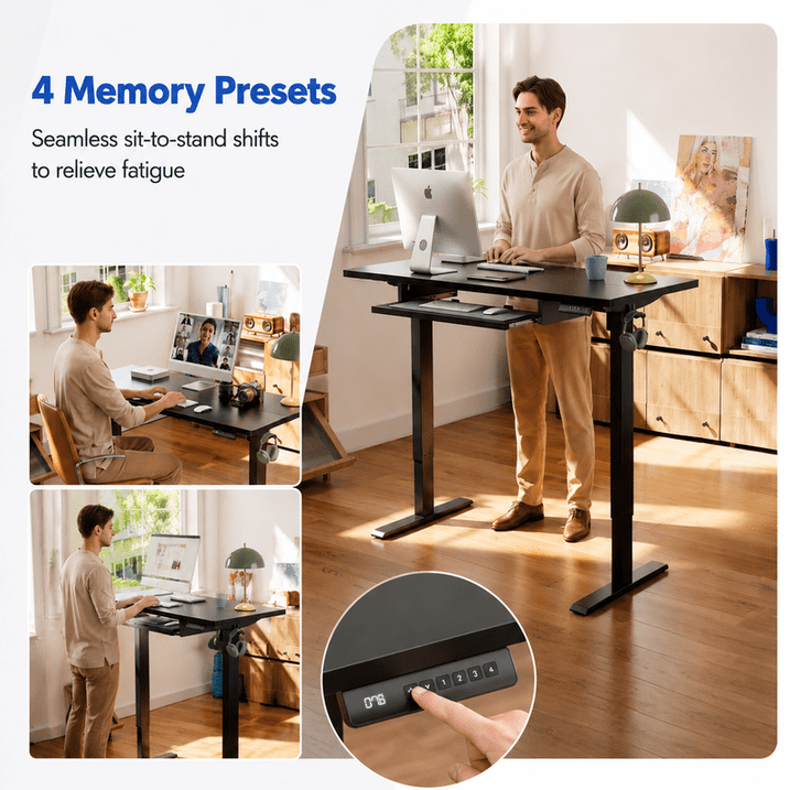 Kyspho 48" x 24" Electric Standing Desk with Keyboard Tray Adjustable Sit Stand up Desk with Headphone Hook & 4 Height Memory Pre-Set Black