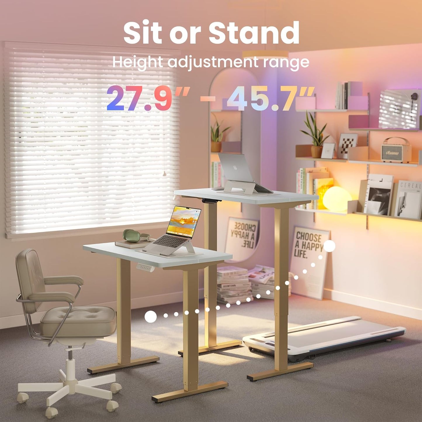 Kyspho Electric Standing Desk with 4 Memory Height Settings, 32" Small Height Adjustbale Desk, Sit Stand Up Desk for Home Office, White + Gold