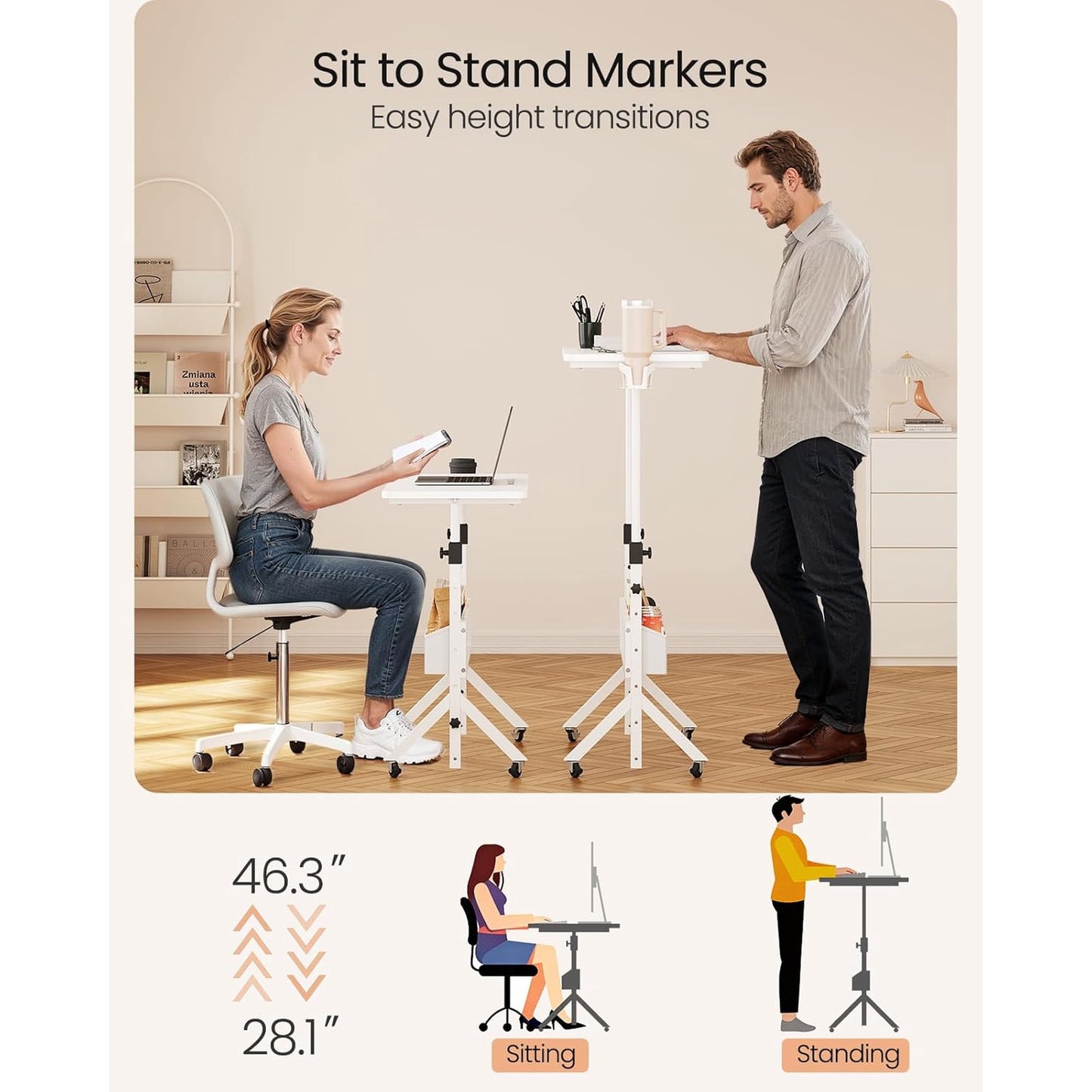 CHITOOMA Mobile Standing Desk with Cup Holder, 6 Level Height-Adjustable Computer Desk with Laptop Slot for Office, White