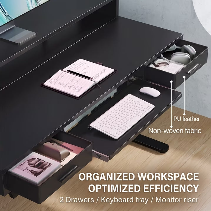 55" X 26" Electric Standing Desk with 2 Drawers & Large Keyboard Tray, Adjustable Sit Stand Computer Desk with 4 4 Memory Presets, C-Clamp Compatible Home Office Desk, Black