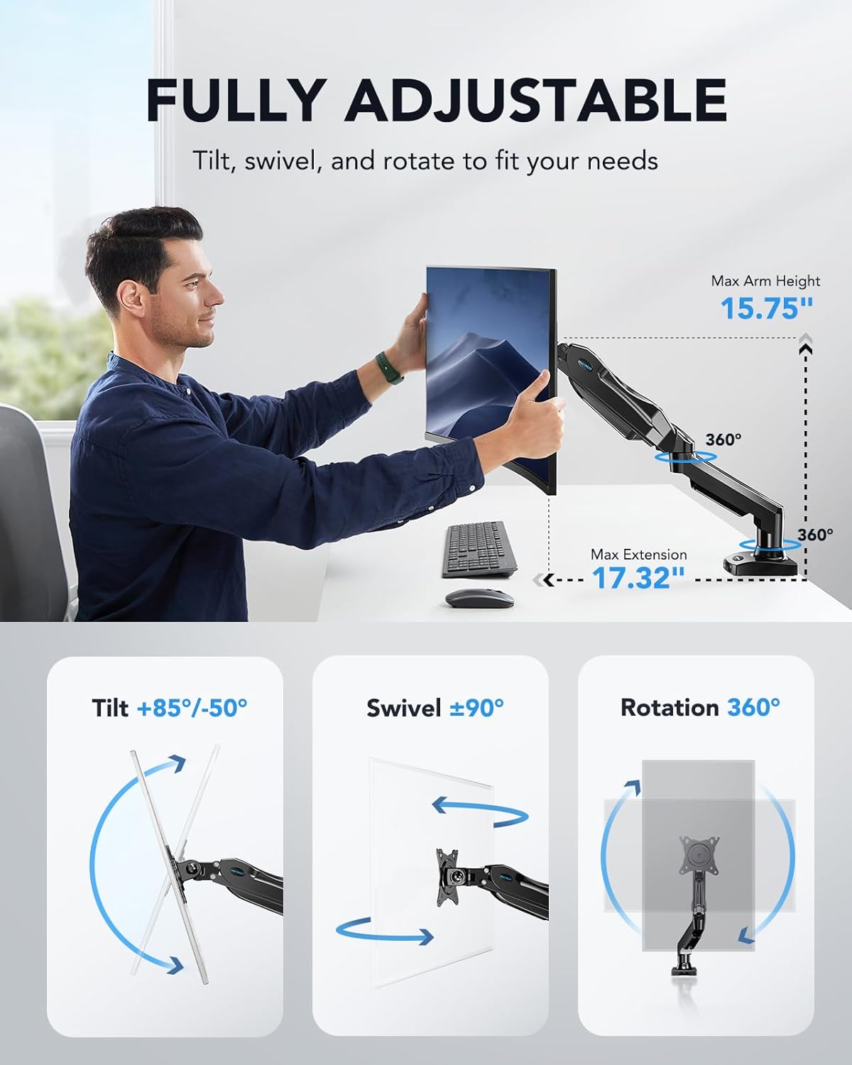 Single Monitor Mount, Articulating Gas Spring Monitor Arm, Adjustable Monitor Stand, Mount with Clamp and Grommet Base Fits 13 to 30 inch LCD Computer Monitors 4.4 to 14.3lbs
