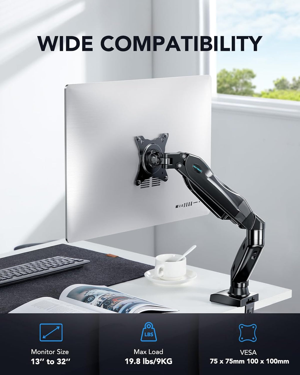 Single Monitor Mount, Articulating Gas Spring Monitor Arm, Adjustable Monitor Stand, Mount with Clamp and Grommet Base Fits 13 to 30 inch LCD Computer Monitors 4.4 to 14.3lbs
