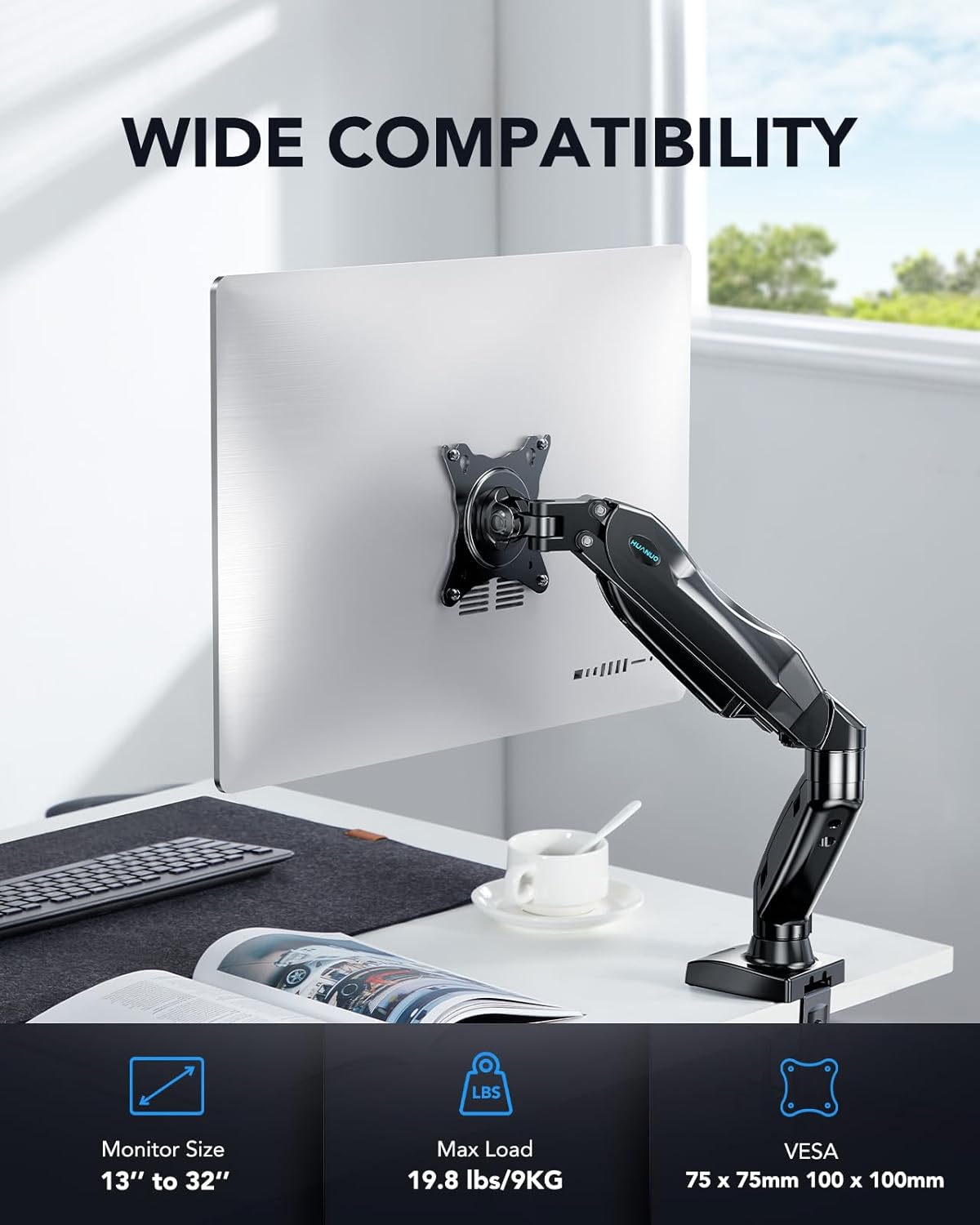 Single Monitor Mount, Articulating Gas Spring Monitor Arm, Adjustable Monitor Stand, Mount with Clamp and Grommet Base Fits 13 to 30 inch LCD Computer Monitors 4.4 to 14.3lbs