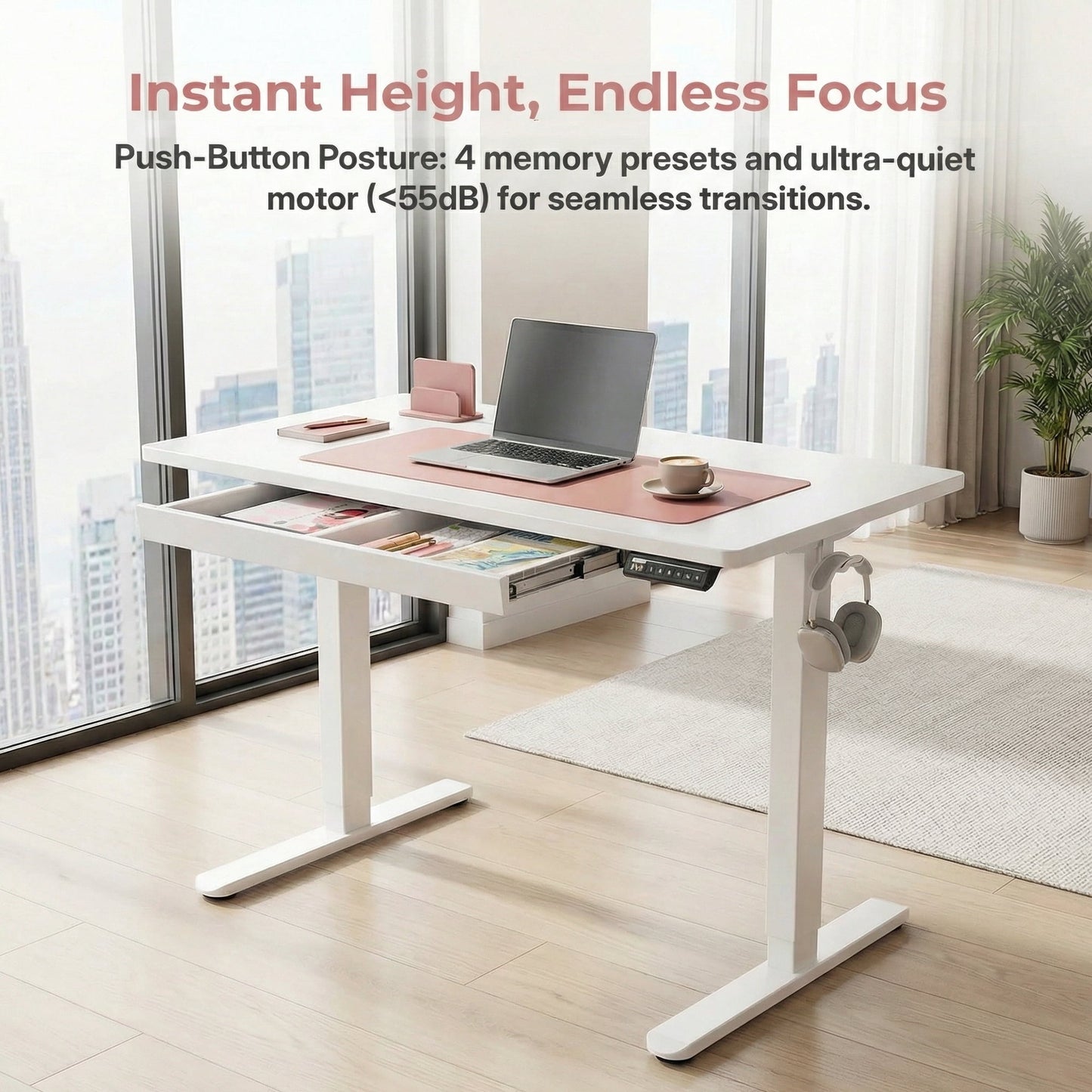 Kyspho Electric Standing Desk with Built-in Drawer, 48" x 24" Adjustable Height Computer Desk, 4 Memory Presets for Home Office, White