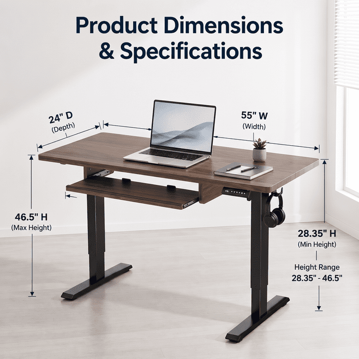 Kyspho 48" x 24" Electric Standing Desk with Keyboard Tray Adjustable Sit Stand up Desk with Headphone Hook & 4 Height Memory Pre-Set Walnut