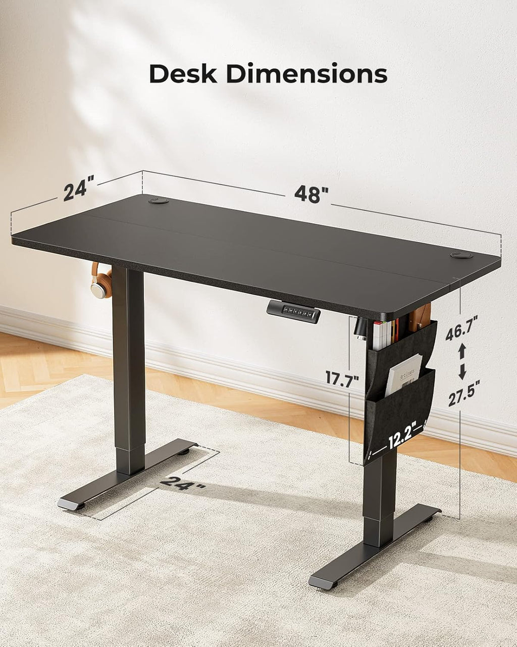 48x24 Inch Electric Standing Desk Adjustable Height with Storage Bag, Ergonomic Computer Stand Up Desk Table with Headphone Hook for Home Office - Walmart.com