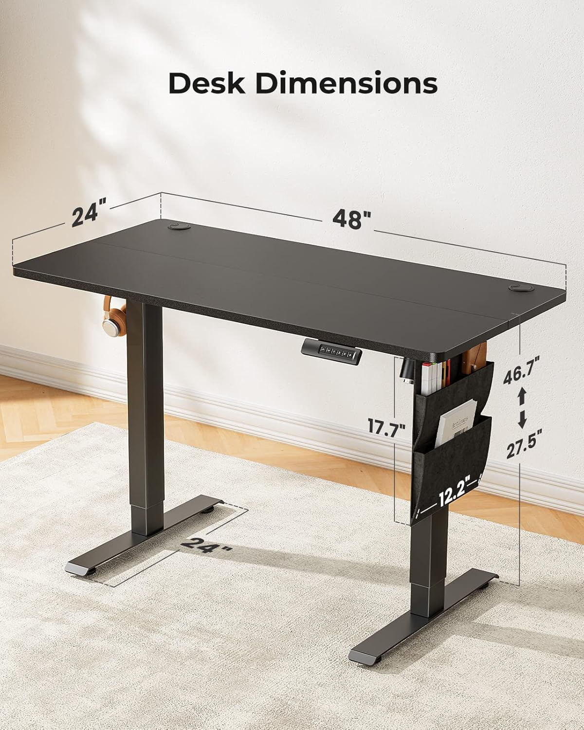 48x24 Inch Electric Standing Desk Adjustable Height with Storage Bag, Ergonomic Computer Stand Up Desk Table with Headphone Hook for Home Office - Walmart.com