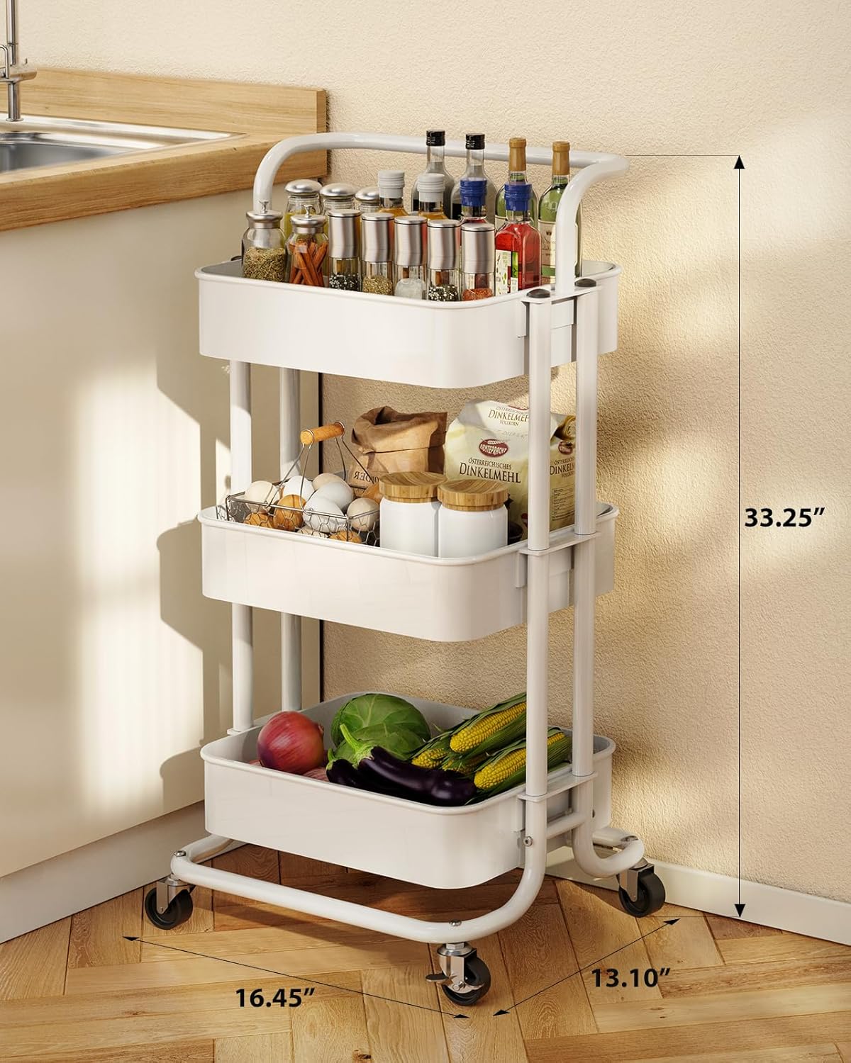 3 Tier Mesh Utility Cart Rolling Metal Organization Cart with Handle and Lockable Wheels for Kitchen Living Room Office,White