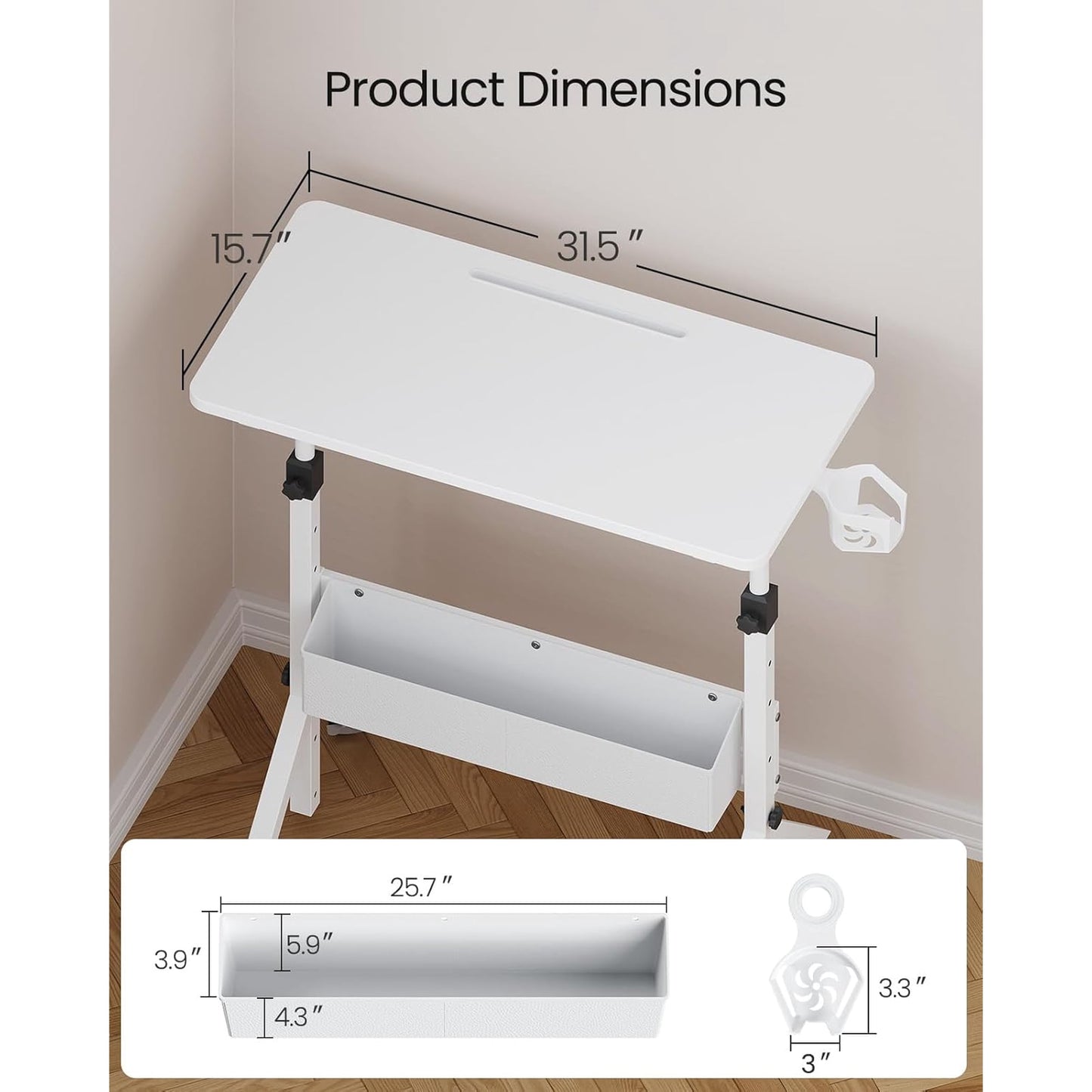 CHITOOMA Mobile Standing Desk with Cup Holder, 6 Level Height-Adjustable Computer Desk with Laptop Slot for Office, White