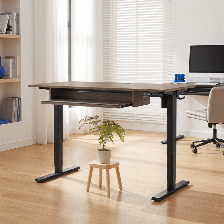 Kyspho 48" x 24" Electric Standing Desk with Keyboard Tray Adjustable Sit Stand up Desk with Headphone Hook & 4 Height Memory Pre-Set Walnut