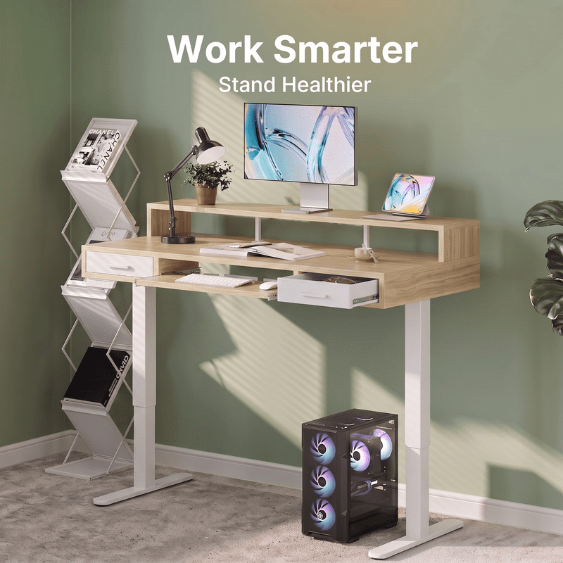 55" X 26" Electric Standing Desk with 2 Drawers & Large Keyboard Tray, Adjustable Sit Stand Computer Desk with 4 4 Memory Presets, C-Clamp Compatible Home Office Desk, Natrual