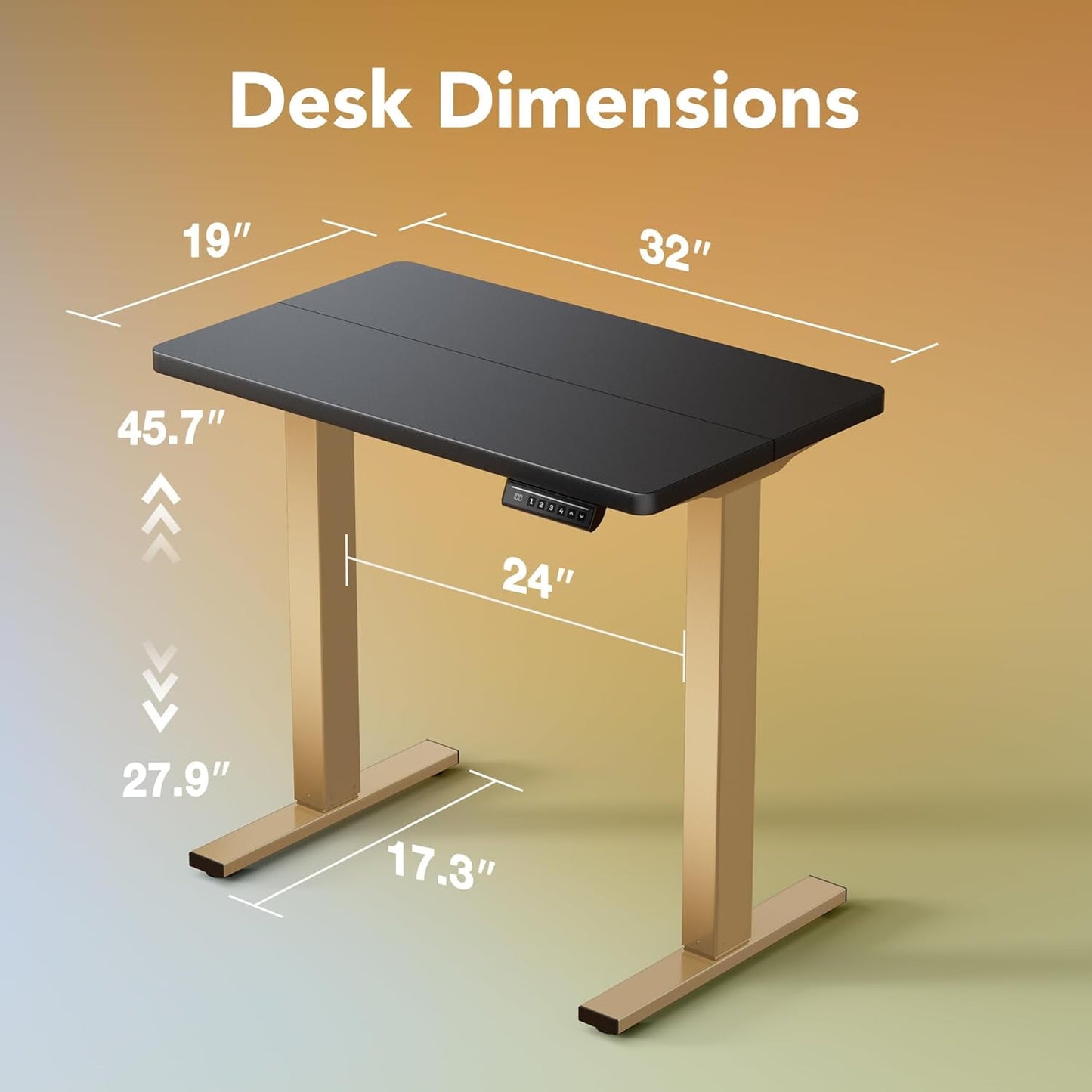 Kyspho Electric Standing Desk with 4 Memory Height Settings, 32" Small Height Adjustbale Desk, Sit Stand Up Desk for Home Office, Black + Gold