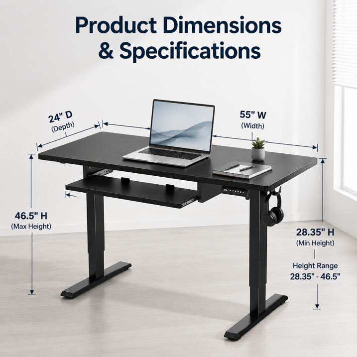 Kyspho 48" x 24" Electric Standing Desk with Keyboard Tray Adjustable Sit Stand up Desk with Headphone Hook & 4 Height Memory Pre-Set Black