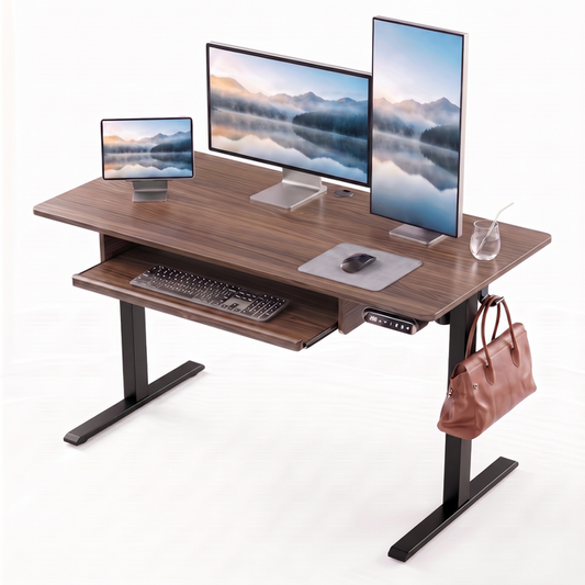 Kyspho 48" x 24" Electric Standing Desk with Keyboard Tray Adjustable Sit Stand up Desk with Headphone Hook & 4 Height Memory Pre-Set Walnut