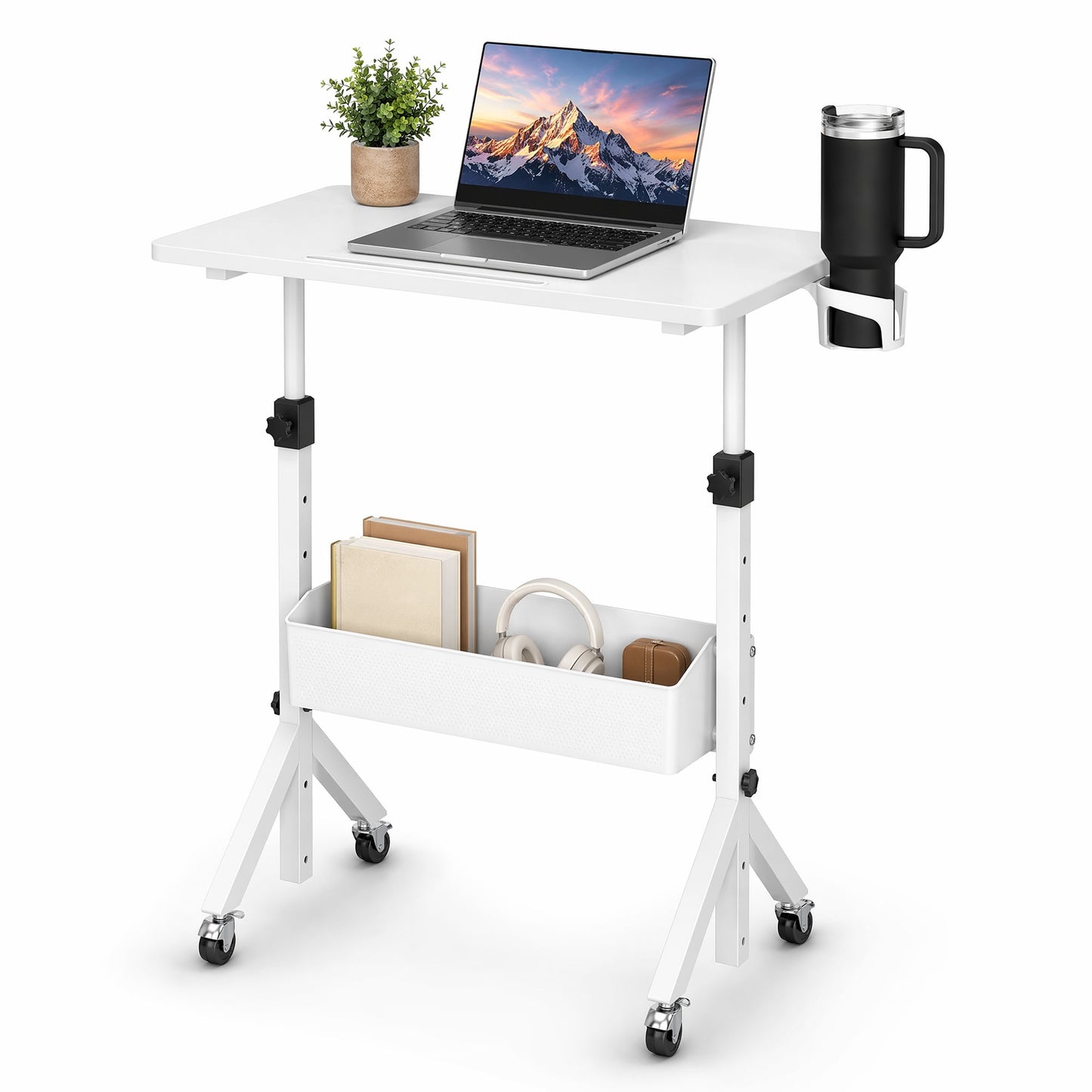 CHITOOMA Mobile Standing Desk with Cup Holder, 6 Level Height-Adjustable Computer Desk with Laptop Slot for Office, White