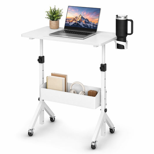 CHITOOMA Mobile Standing Desk with Cup Holder, 6 Level Height-Adjustable Computer Desk with Laptop Slot for Office, White