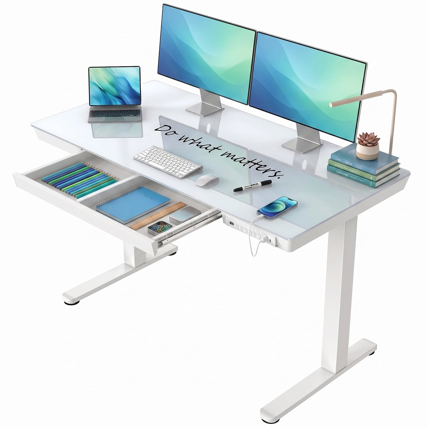 Kyspho Glass Top Electric Standing Desk with USB Charging Ports, 40" x 24" Height Adjustable One-Piece Desk, Sit Stand Computer Desk with Seamless Desktop for Home Office